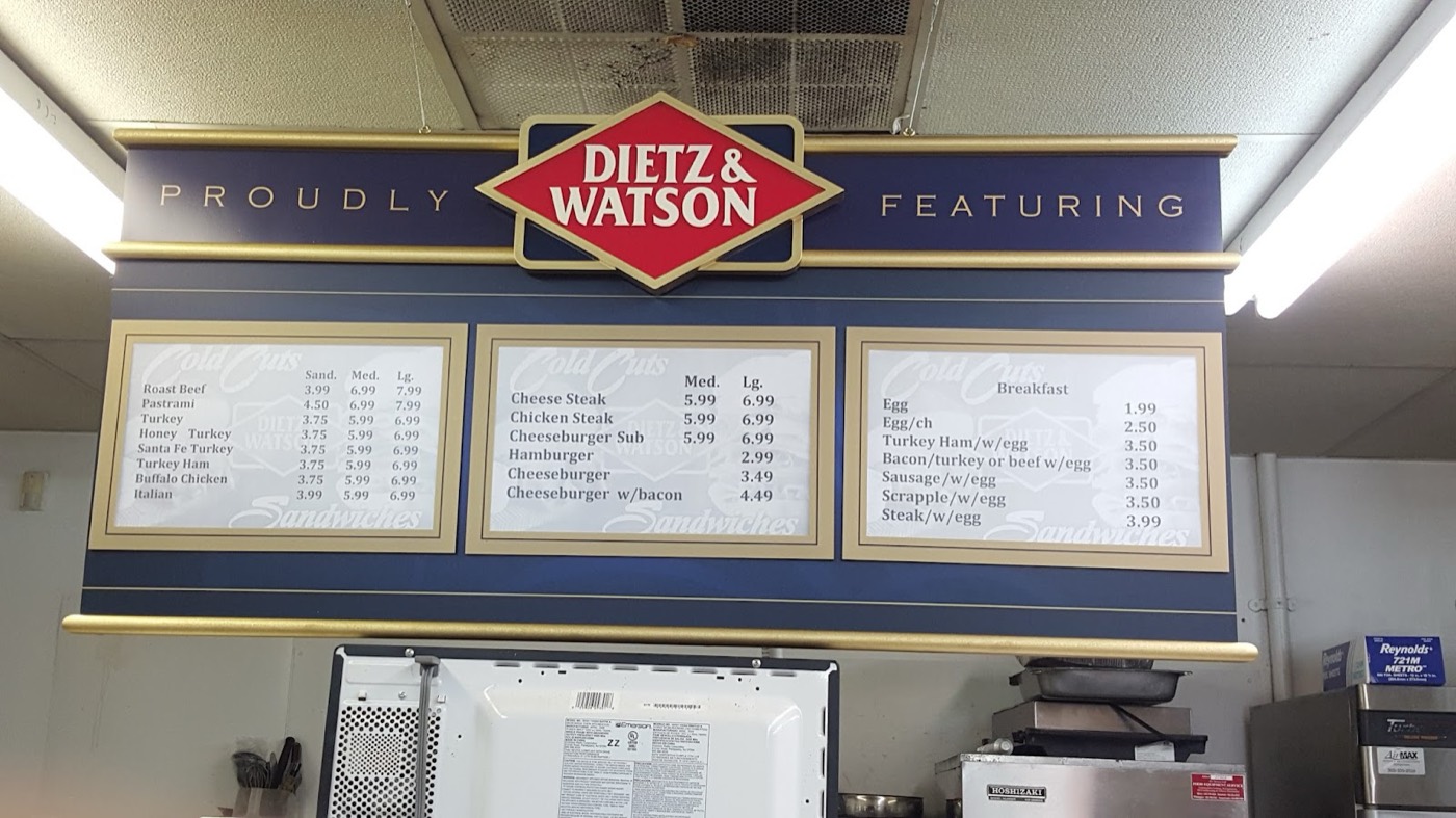 Deli counter menu board featuring Dietz & Watson meats